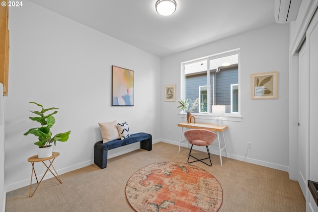 living area featuring light colored carpet and a wall unit AC