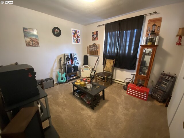 carpeted living room featuring a wood stove, ceiling fan, and a textured ceiling