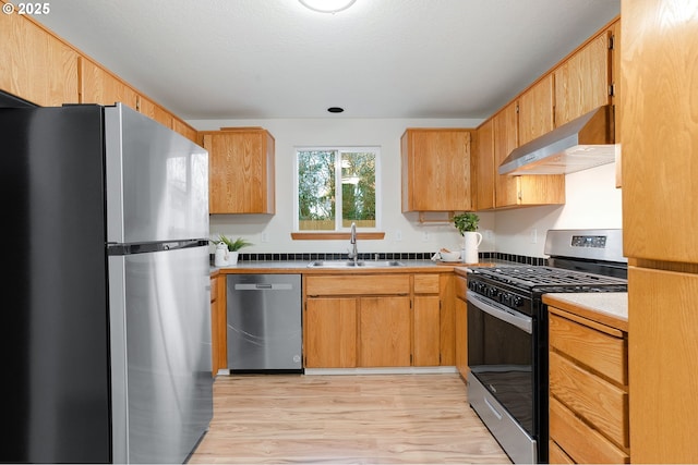 kitchen with sink, wall chimney range hood, light wood-type flooring, and appliances with stainless steel finishes