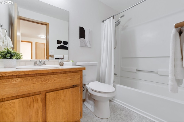 full bathroom with toilet, shower / bath combo with shower curtain, and vanity