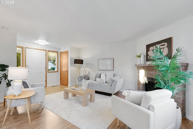 living room featuring a fireplace and light wood-type flooring