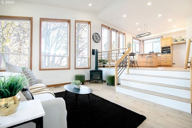 living room featuring a wood stove and light hardwood / wood-style flooring