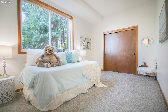 carpeted bedroom with a closet