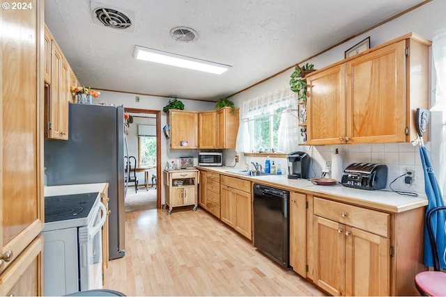 kitchen with backsplash, dishwasher, white electric range oven, light hardwood / wood-style flooring, and sink