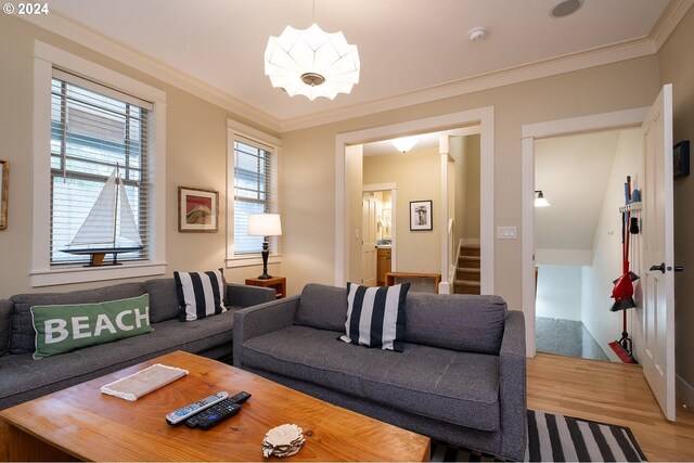 living room featuring crown molding and hardwood / wood-style flooring