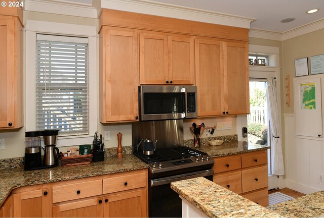 kitchen featuring appliances with stainless steel finishes, crown molding, and stone counters