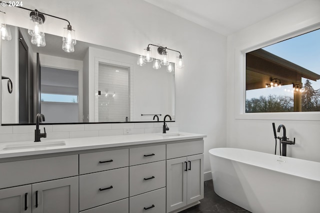 bathroom featuring plus walk in shower and vanity