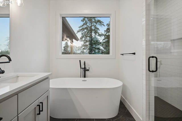 bathroom with vanity and independent shower and bath