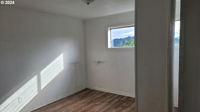 empty room with dark hardwood / wood-style floors and ornamental molding