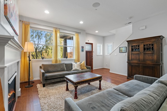 living room with hardwood / wood-style flooring and a fireplace