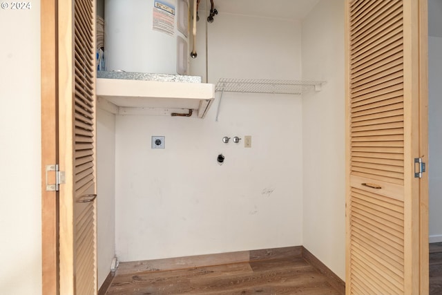 laundry area featuring hookup for a washing machine, hardwood / wood-style flooring, electric dryer hookup, and water heater