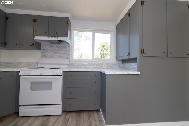 kitchen with white stove, gray cabinets, and light hardwood / wood-style floors