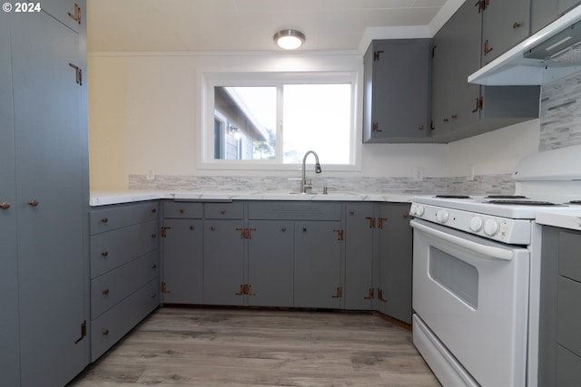 kitchen featuring white gas range, light hardwood / wood-style flooring, gray cabinets, and sink