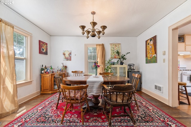 dining area with a notable chandelier, a wealth of natural light, and hardwood / wood-style floors