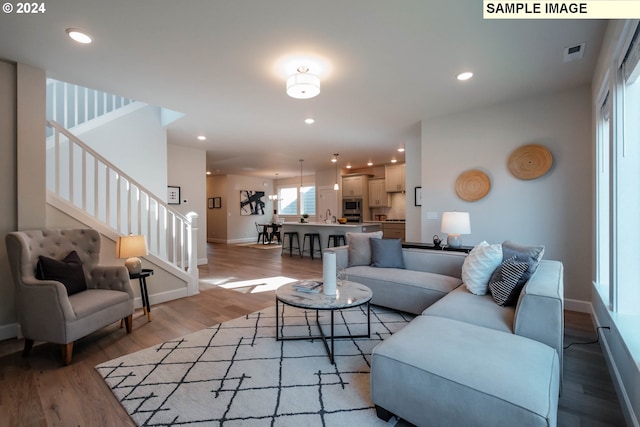 living room featuring sink and hardwood / wood-style floors