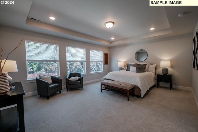 bedroom with light colored carpet and a tray ceiling