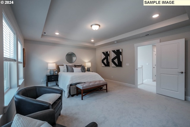 bedroom with light colored carpet and a raised ceiling