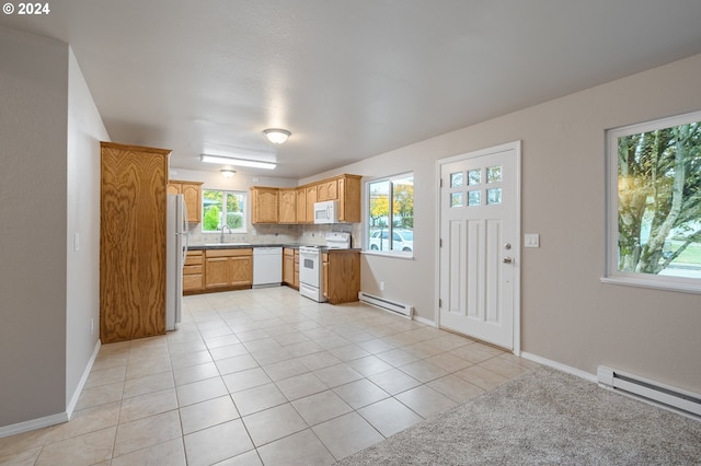 kitchen featuring white appliances, light tile patterned floors, tasteful backsplash, and a baseboard radiator