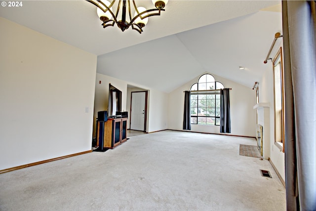 unfurnished living room featuring vaulted ceiling, a fireplace, and carpet flooring