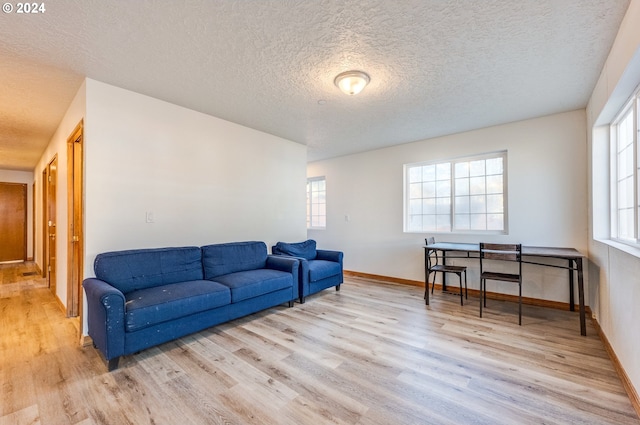 living room with light wood-type flooring and a textured ceiling