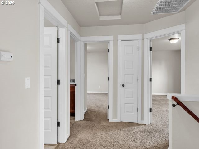 hallway with carpet floors