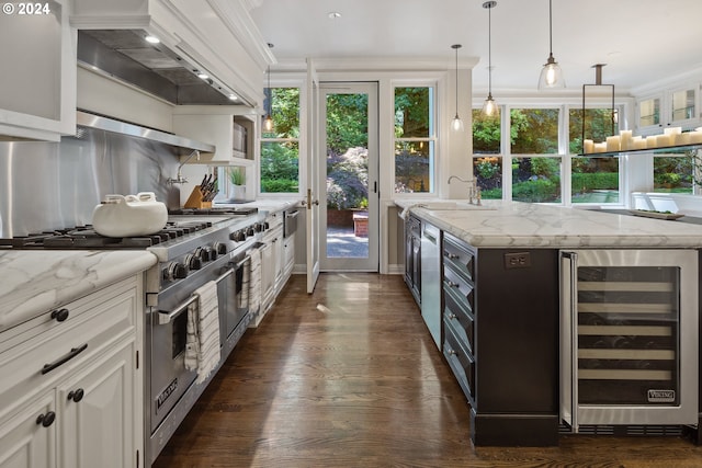 kitchen with white cabinets, beverage cooler, dark wood-type flooring, stainless steel appliances, and custom exhaust hood