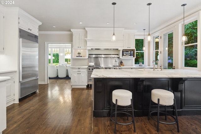 kitchen with dark hardwood / wood-style floors, built in appliances, and light stone countertops