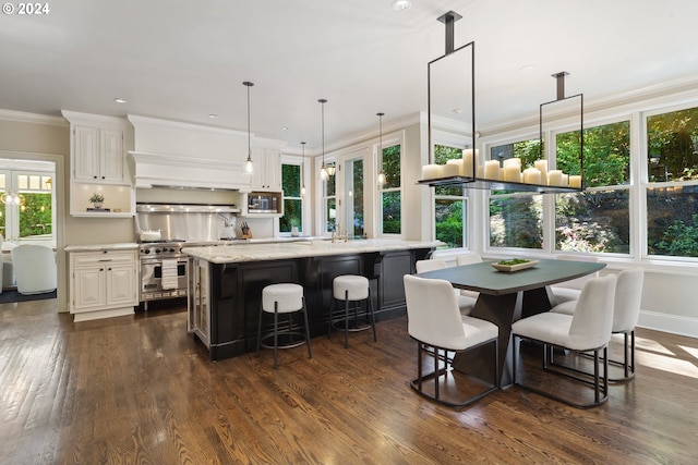 dining area with dark hardwood / wood-style floors and ornamental molding