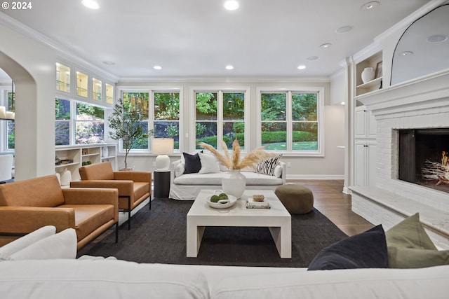 living room with built in features, a fireplace, dark wood-type flooring, and ornamental molding