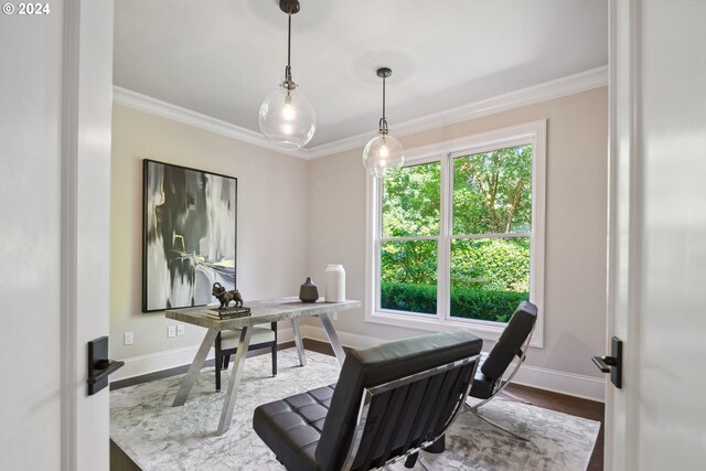 office with hardwood / wood-style flooring and ornamental molding