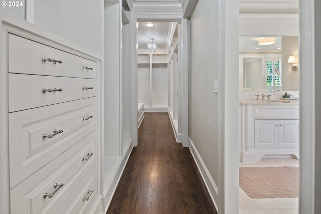 hallway featuring ornamental molding, sink, and dark hardwood / wood-style flooring