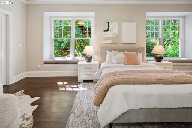 bedroom featuring crown molding, dark hardwood / wood-style floors, and multiple windows