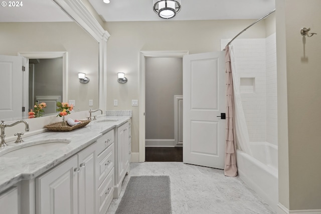 bathroom with shower / bathtub combination with curtain, wood-type flooring, and double sink vanity