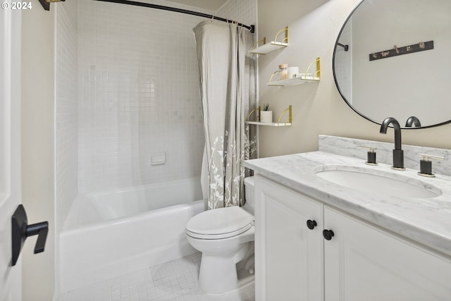 full bathroom with vanity, toilet, tile patterned floors, and shower / bath combination with curtain