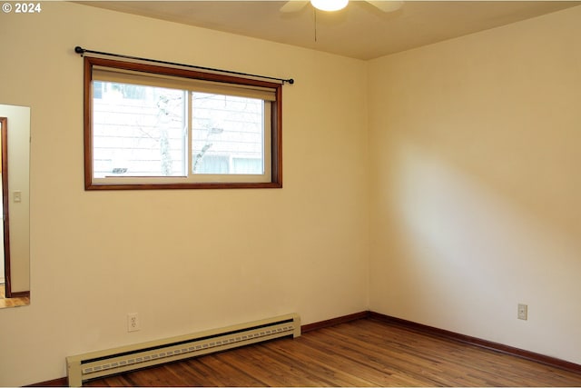 unfurnished room with a baseboard radiator, ceiling fan, and light hardwood / wood-style flooring