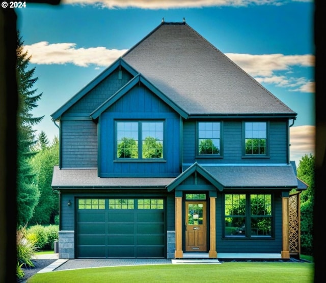 craftsman-style home featuring a front yard and a garage