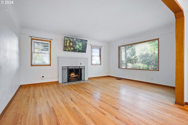 unfurnished living room with light hardwood / wood-style floors, a fireplace, and plenty of natural light