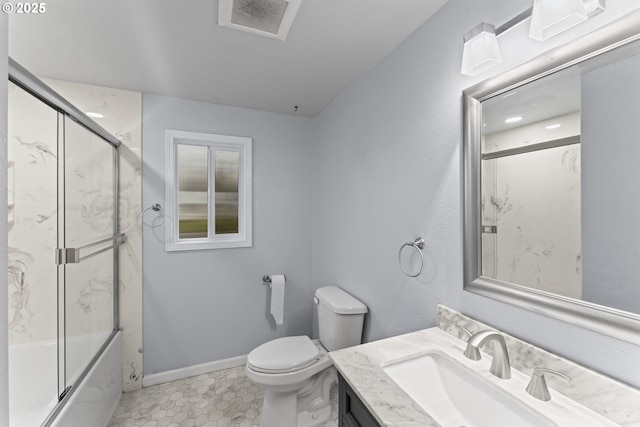 full bathroom featuring tile patterned floors, vanity, toilet, and combined bath / shower with glass door