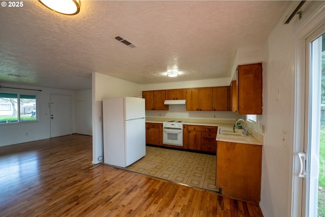 kitchen with under cabinet range hood, white appliances, a sink, visible vents, and light countertops