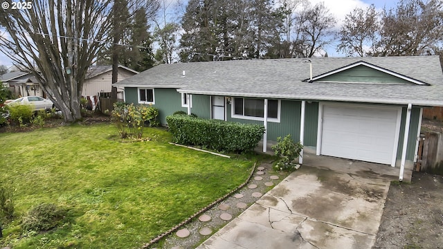 ranch-style house with a garage, a front yard, concrete driveway, and roof with shingles