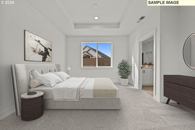 bedroom featuring a raised ceiling and light colored carpet