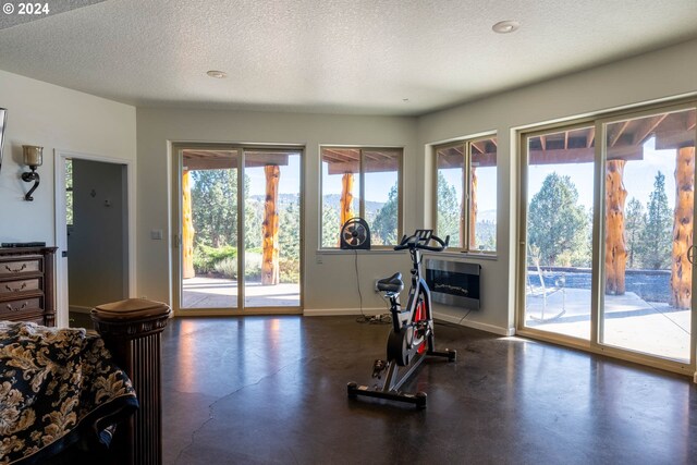 exercise room featuring a wealth of natural light and a textured ceiling