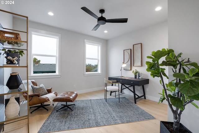 office space featuring light wood-type flooring and ceiling fan