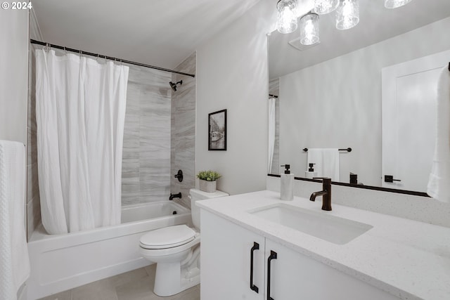 full bathroom with shower / bath combination with curtain, tile patterned floors, vanity, and toilet