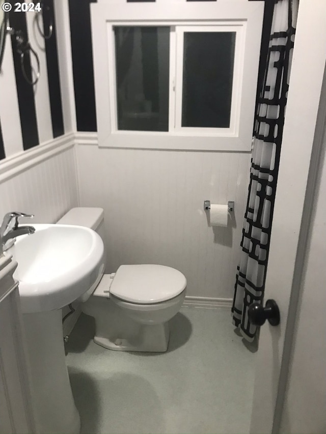 bathroom with toilet and wood walls