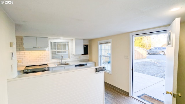 kitchen with sink, dishwasher, range, backsplash, and dark hardwood / wood-style flooring