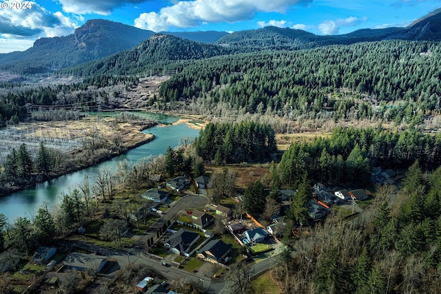 bird's eye view with a water and mountain view