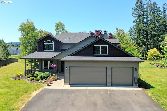 craftsman-style home with a garage, a front lawn, and a porch