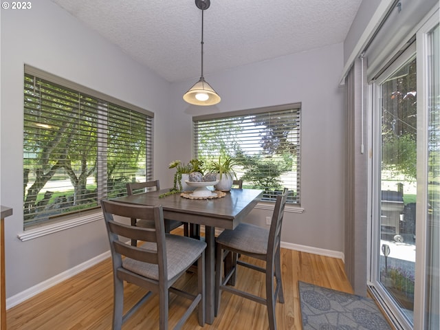 dining area with light hardwood / wood-style floors and a textured ceiling