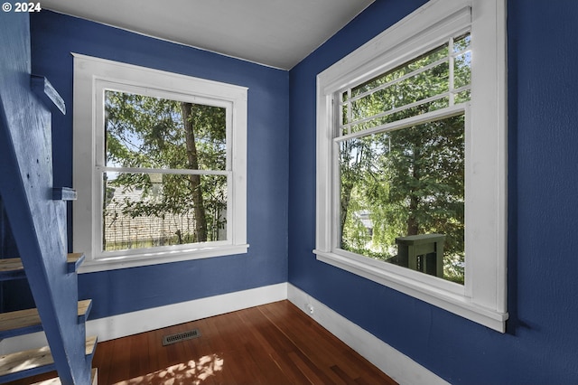 interior space with dark hardwood / wood-style flooring and plenty of natural light